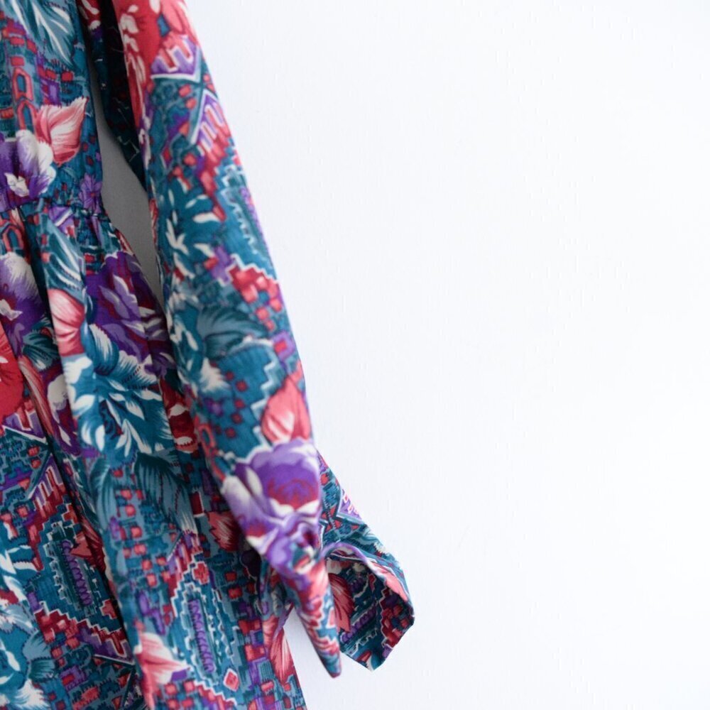 Vintage Schrader Teal Purple Floral Button Front Pleated Maxi Retro 80s Dress 18 - Picture 7 of 14